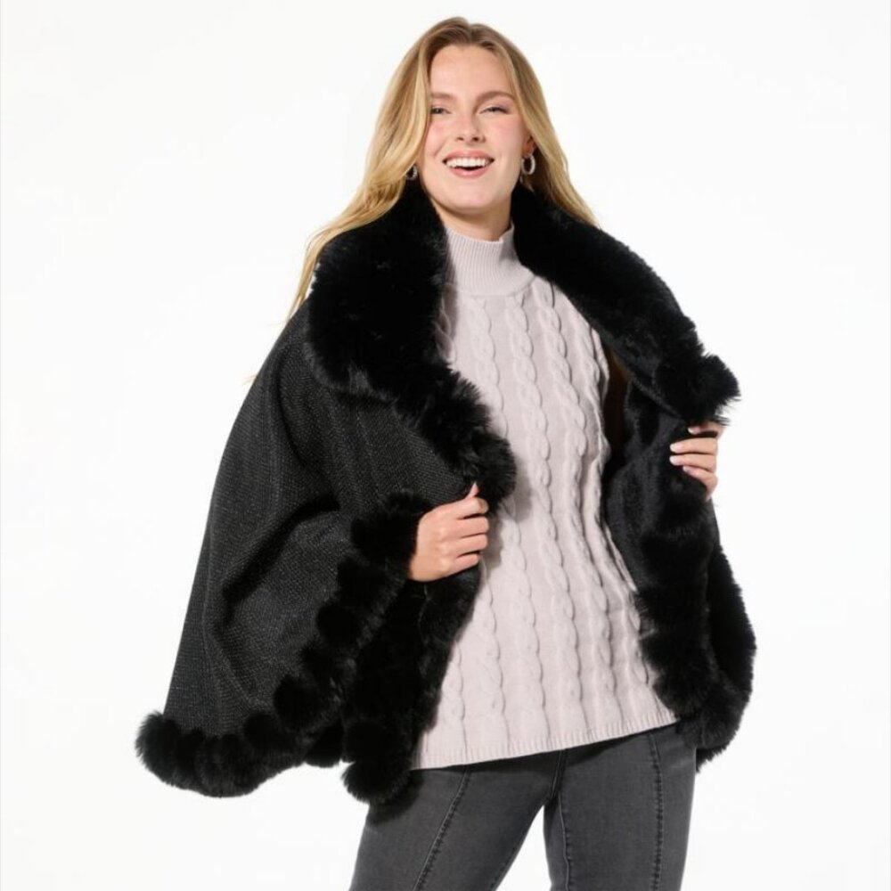 Vince Camuto Black/Silver Lurex Faux Fur Shawl